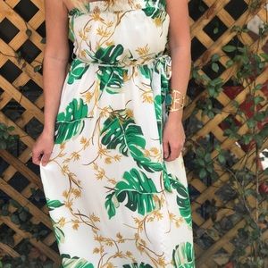 Tropical maxi palm dress ruffle flow belted small